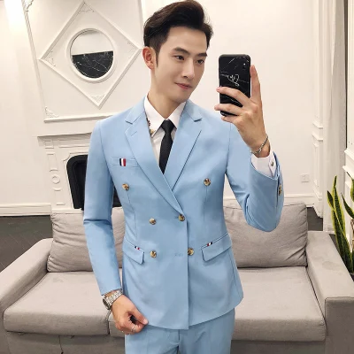 

Double-breasted Suit Suit Men's Korean Version Of The Self-cultivation Host Business Casual Suit Groomsmen Dress (top + Pants +