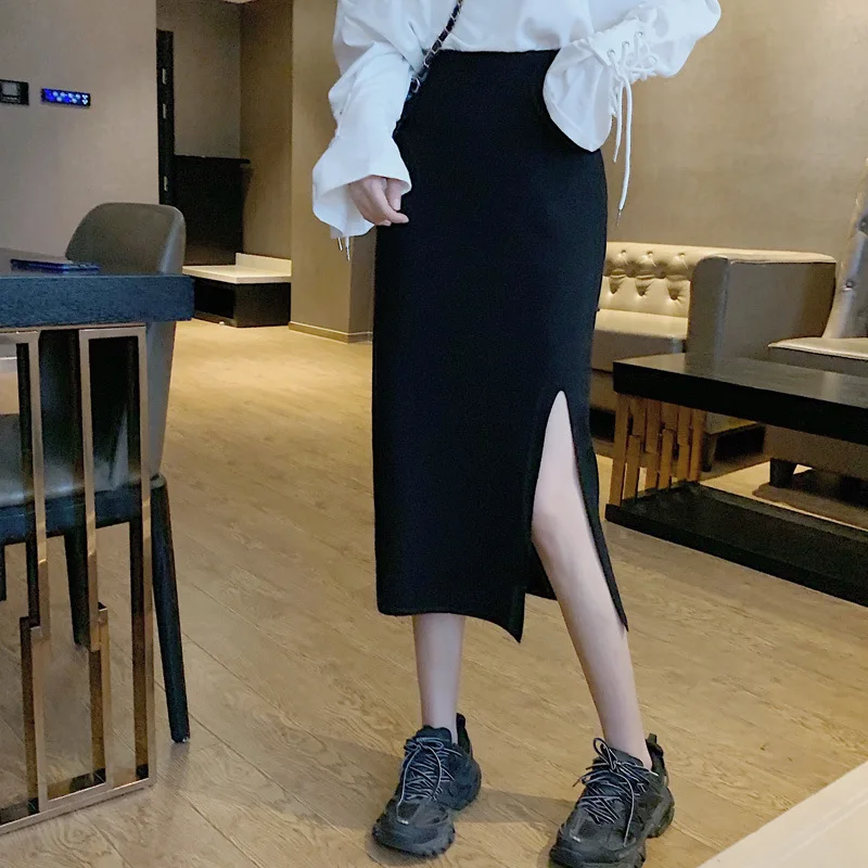 Новая мода ретро Сплит трикотажная юбка Женская длинная высокая талия черная облегающая юбка