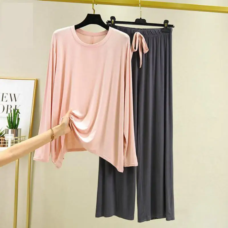 

Весенняя женская Модальная Пижама большого размера, свободная рубашка с длинным рукавом и брюки, комплект из двух предметов