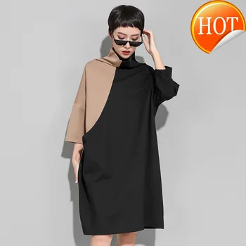 

Spring 2020 New Winter High Collar Long Sleeve Hit Color Loose Large Size Sweatshirt Dress Women Fashion Tide