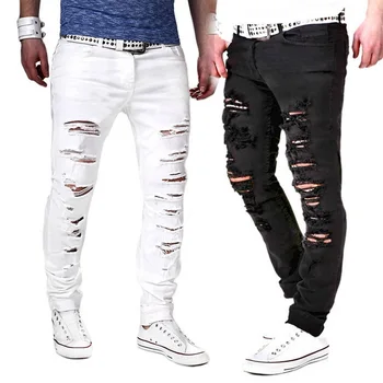 

2019 Autumn Fashion Solid Jeans Black and White Men Sexy Ripped Hole Distresses Skinny Jeans Male Casual Outerwear Hip Hop Pants