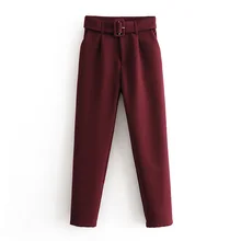 ZOEPO, однотонные, винно-красные брюки, женские модные повседневные брюки с поясом, женские элегантные брюки-карандаш с карманами, женские брюки LD