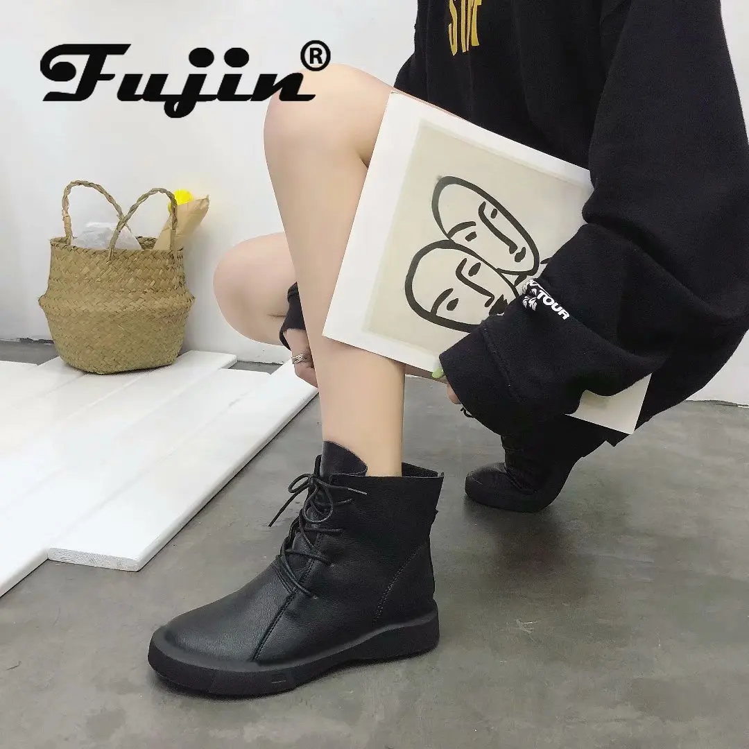 

Fujin Booties Women Spring Autumn 2019 New Retro Fashion Ankle Boots Dropshipping British Wind Student Flat Strap Women Boots