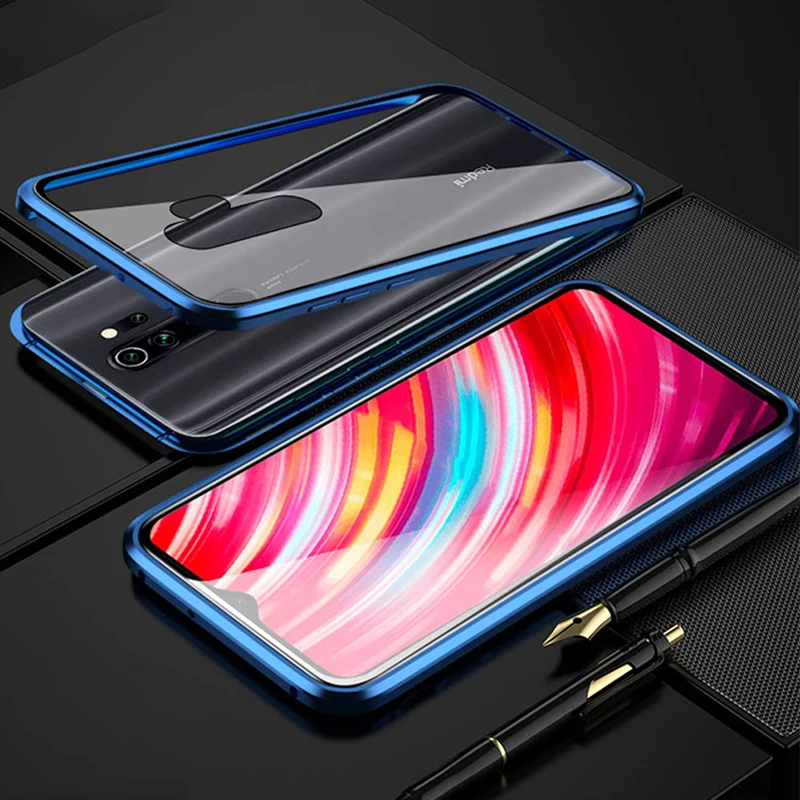 Магнитный чехол Natrberg для Xiaomi Redmi note 8 Pro, металлический чехол 360, полностью двойное закаленное стекло, жесткая задняя крышка для Redmi Note 8, чехол - Цвет: Синий