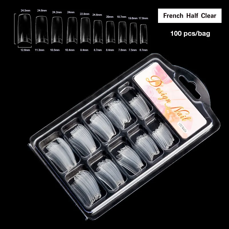 French Half Clear 100 шт, прозрачные французские накладные ногти, акриловые накладные ногти, полностью покрытые половинным покрытием, лак для ногтей, маникюрные инструменты для ногтей - Цвет: French Half Clear