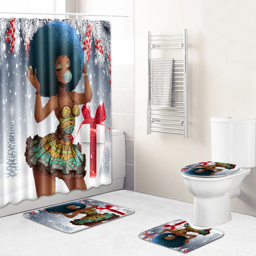 Christmas Series African Woman Pattern Shower Curtain and Bath Mat Set Waterproof Polyester Shower Curtain for Bathroom Shower