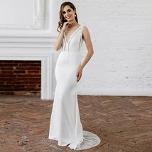 

White Mermaid Wedding Dress For Woman Satin With Beading Train Bridal Gown Sleeveless V Neck Simple Vestido De Novia Fiesta