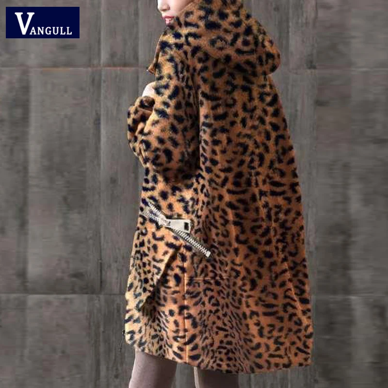 Vangull/леопардовая куртка из искусственного меха женская зимняя теплая Модная Толстая куртка с капюшоном Новая Осенняя Свободная верхняя одежда на молнии больших размеров