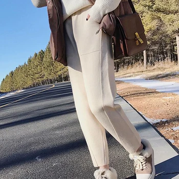 

Winter High Waist Women's Harem Pants Woolen Women Casual Solid Warm Female Long Women Trousers