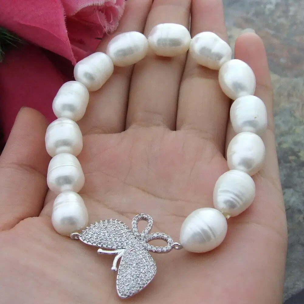 " 10x13 мм белый жемчуг в форме риса Браслет Бабочка коннектор CZ