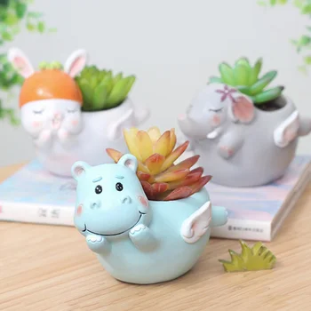 

2Pcs Cartoon Design Planters Shy Hippo Flowerpot Green Plant Container Bonsai Accessory Succulent Planting Pot for Office Store