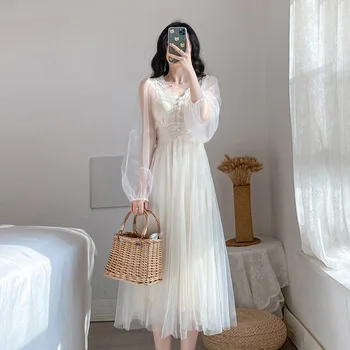 

2020 Spring and Summer New French V-neck Vintage Fairy Bubble Sleeve Mesh Waist Slimming Dress Ultra Fairy