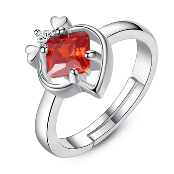 

Trendy Four-claw Red Square Zircon Silver Color Heart Wedding Woman Open Ring Fine Jewelry& Accessories Exquisite Wedding Bands