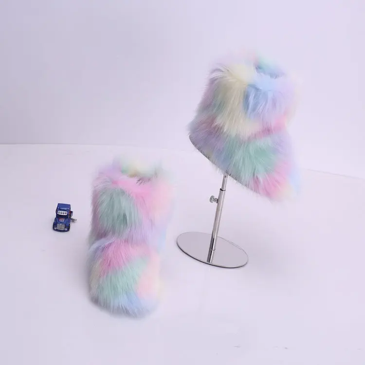 Mixed colors 9 Популярные женские зимние ботинки на меху; лисий мех; радужные ботинки; женские плюшевые ботильоны на плоской подошве; Модные женские теплые зимние ботинки; обувь на платформе - Цвет: Mixed colors 9
