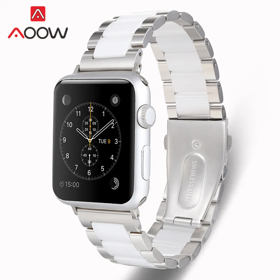 Керамический ремешок из нержавеющей стали для часов Apple Watch 5 4 38 мм 42 мм 40 мм 44 мм роскошный мужской женский браслет для iWatch 3 2 1 - Цвет ремешка: Silver White