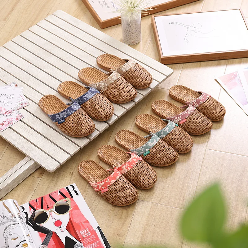 

Straw Mat Closed-toe Linen Slippers Couples Household Anti-slip Breathable Linen Drag Home Slippers