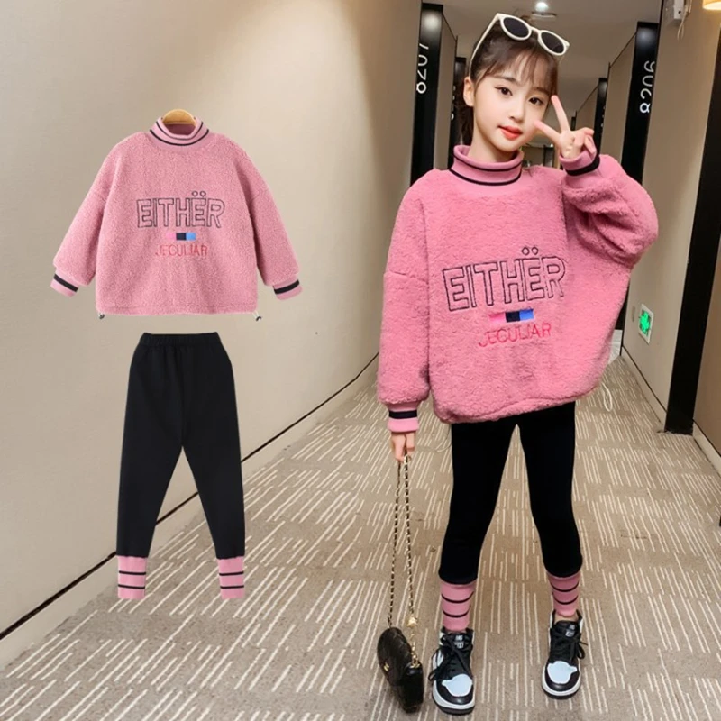 

Fashion Sweater Pant Winter Spring Girls Two Pieces 2022 Casual Sets Tracksuit Children School Suits Kids Teenage Pink Yellow Hi
