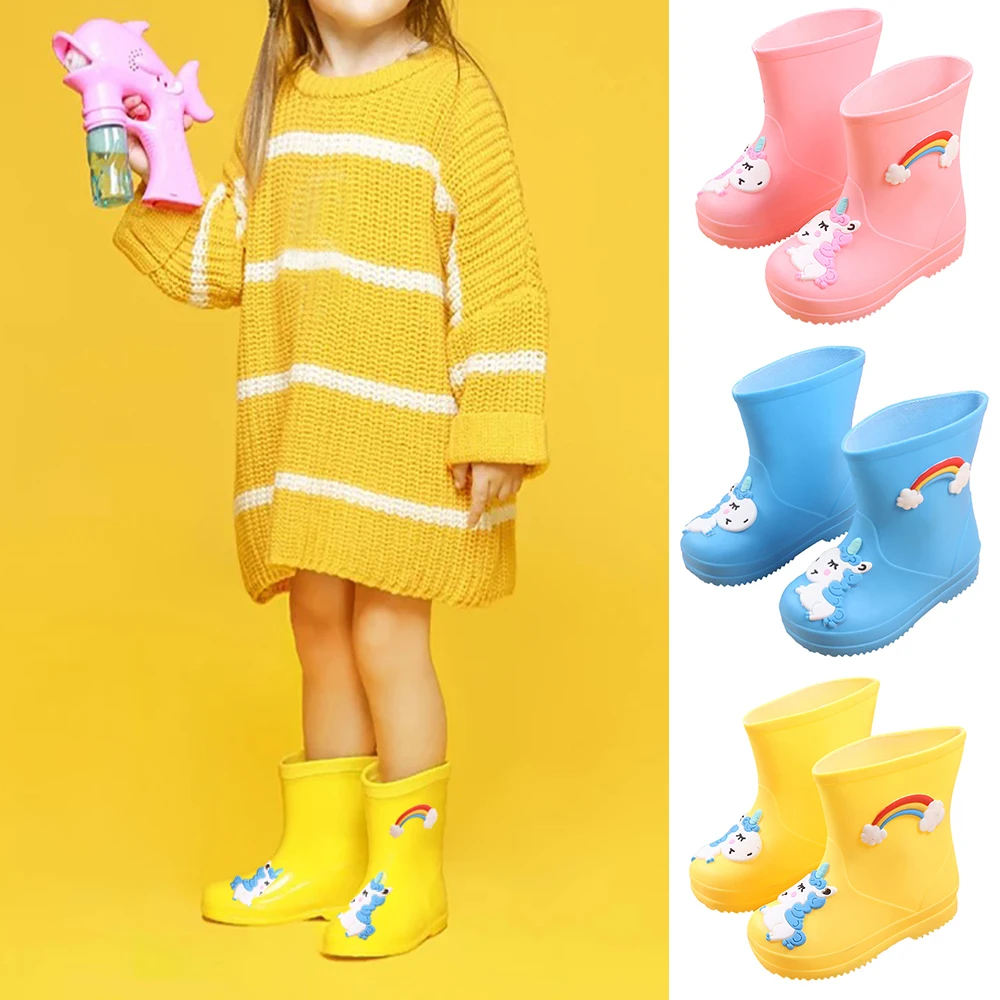 Горячая новинка; милая детская обувь с принтом единорога; резиновая детская обувь с рисунком из ПВХ; детская водонепроницаемая обувь; непромокаемые сапоги; D35