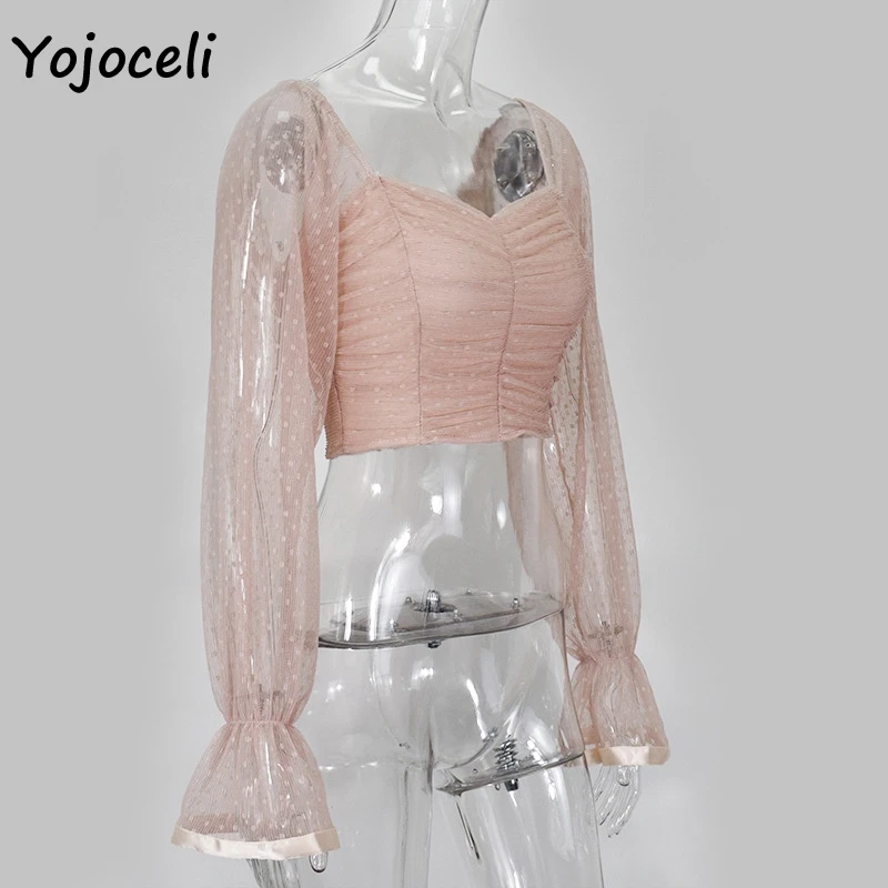 Yojoceli, сексуальные сетчатые блузки в горошек, рубашка для женщин, с открытыми плечами, boho, пляжные кружевные блузки, рубашка, топ, женские короткие блузки