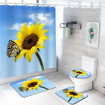 

Cartoon Sunflower Pattern Shower Curtain Set Waterproof Shower Curtain Anti-mold Carpet Combination Non-slip Toilet Mat Set