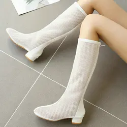 Black White Pink Summer Women Knee High Boots Comfortable Square Heel Round Toe Mesh Boots Zipper Summer Woman' S Shoes Big Size