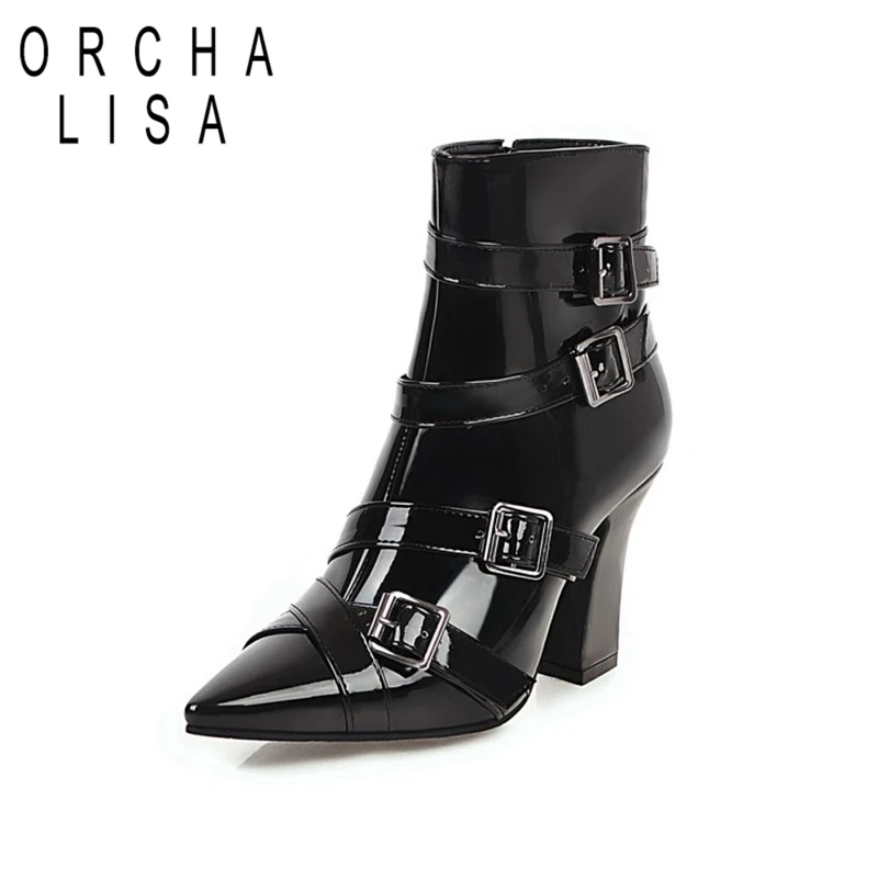 

ORCHA LISA Sexy Lady block high heels shoes ankle boots pointed toe buckle side zipper booties winter female work shoes big size