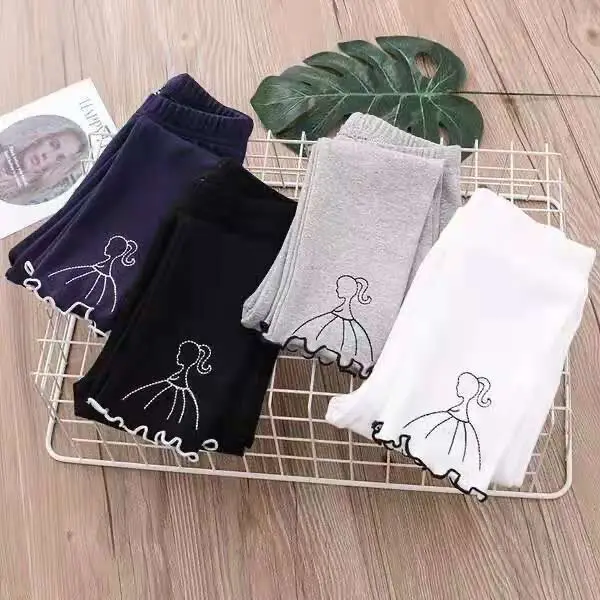 New solid color modal children's leggings girls embroidered trousers cropped pants cute casual pants thin summer