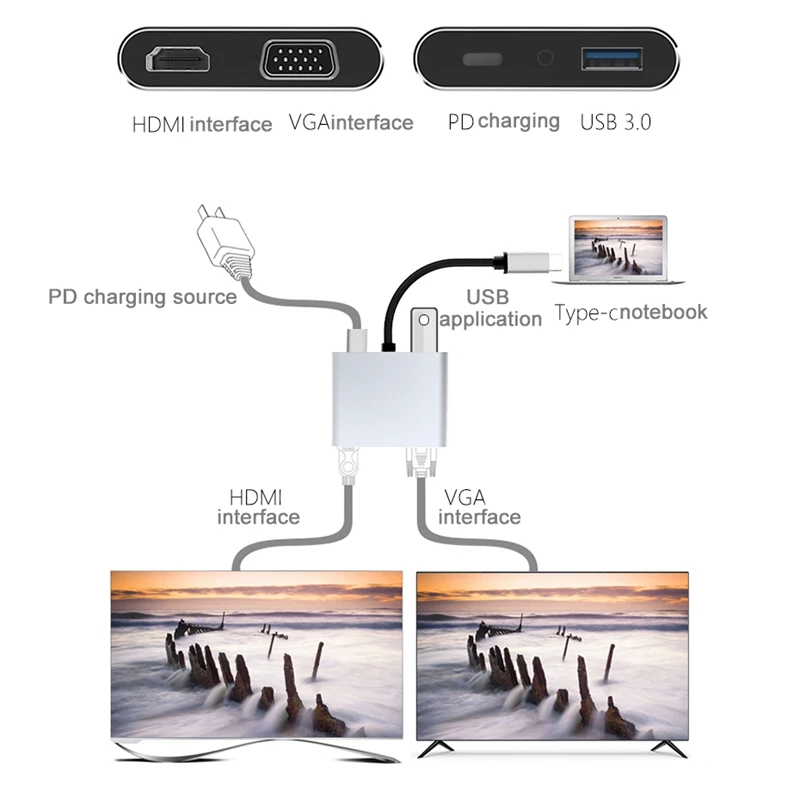 Горячее предложение-4 в 1 USB C HDMI Тип C к HDMI 4K адаптер VGA USB3.0 аудио видео конвертер PD 87W быстрое зарядное устройство для Macbook Pro samsung S9