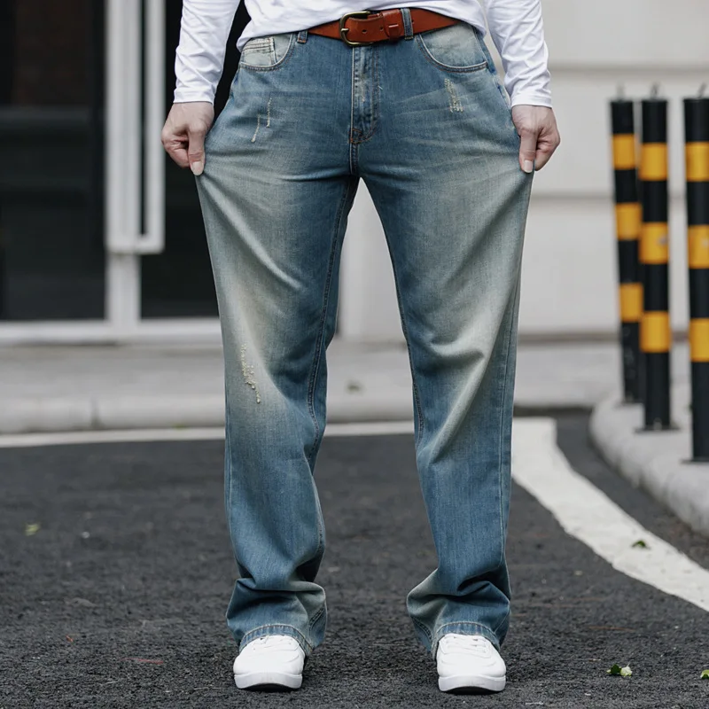 Mens Solid Loose Straight Jeans Casual Stretch Oversize Denim Pants Streetwear Jeans Light Blue Jeans Plus Size 28-44