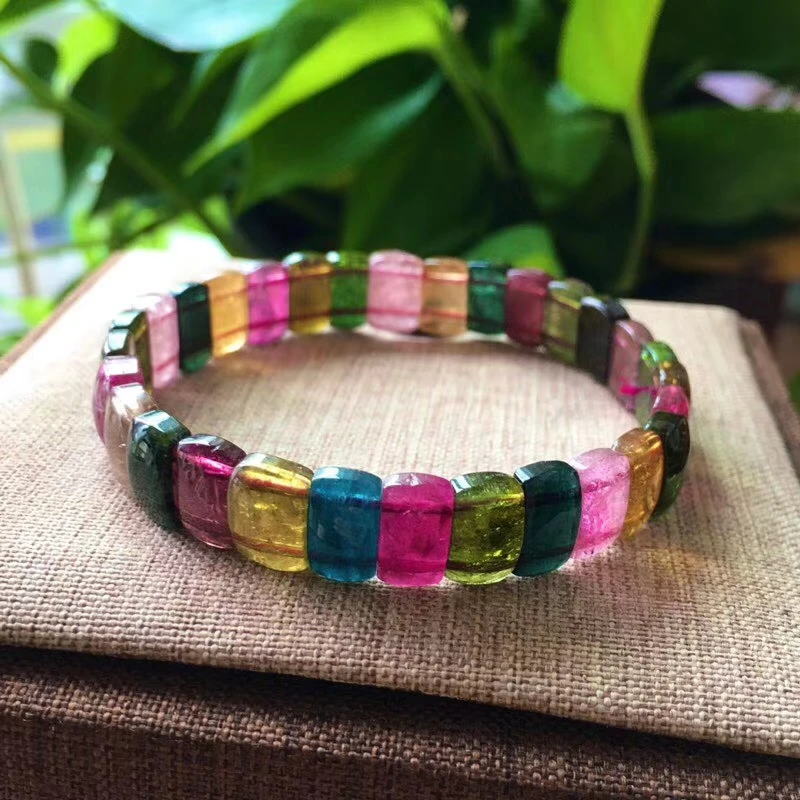 

Certificate Natural Colorful Tourmaline Rectangle Beads Bracelet 10.3/6mm Women Stretch Crystal Stretch Fashion Stone AAAAA