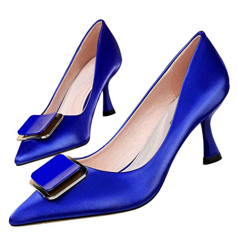 Женские синие туфли-лодочки на высоком каблуке 7 см; большие размеры 10,5; женские офисные туфли с острым носком на низком каблуке; цвет желтый неоновый, зеленый; Scarpins