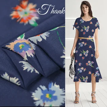 

Floral print on navy blue bottom pure silk crepe de chine silk fabric 16momme,SCDC1159
