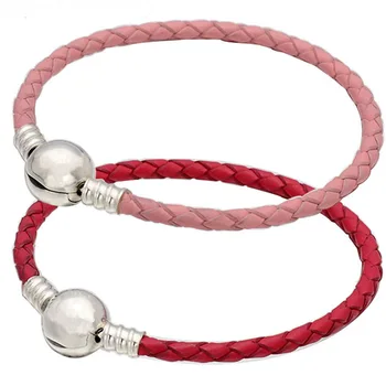 

Original 16-44cm Genuine leather Ball Clasp Snake Bracelets Bangle Fit 925 Sterling Silver Bead Charm Bracelet Europe Jewelry