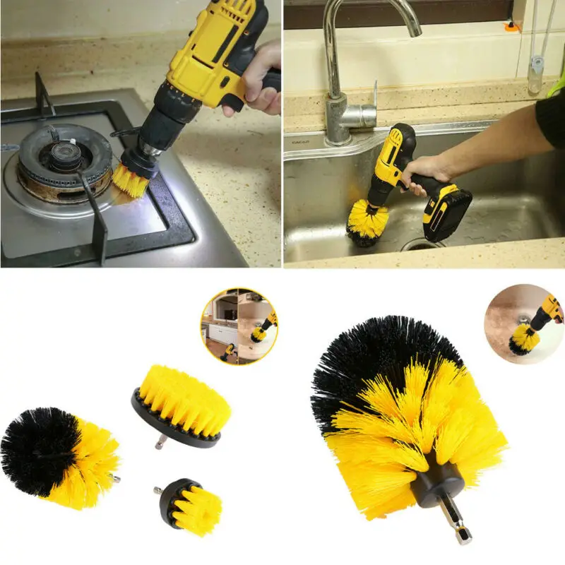 3PCS Round Electric Bristle Drill Brush Tub Rotary Cleaning Tool Kit Attachment 