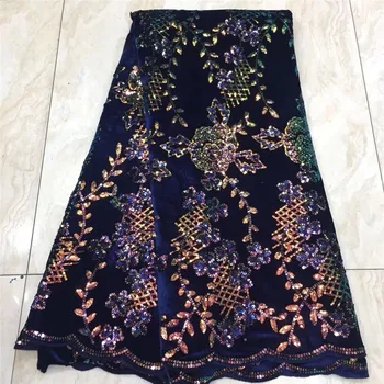 

Newest Nigerian Velvet Lace Fabric lake blue/gold Sequins African Lace Fabric Soft Stretch Velvet Lace For Ghana Wedding Dress