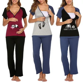 

Leisure Women‘s Summer Cotton Mother T-shirt Maternity Short Sleeve Nursing Baby T-shirt Tops+Pants Pajamas Set Suit H4