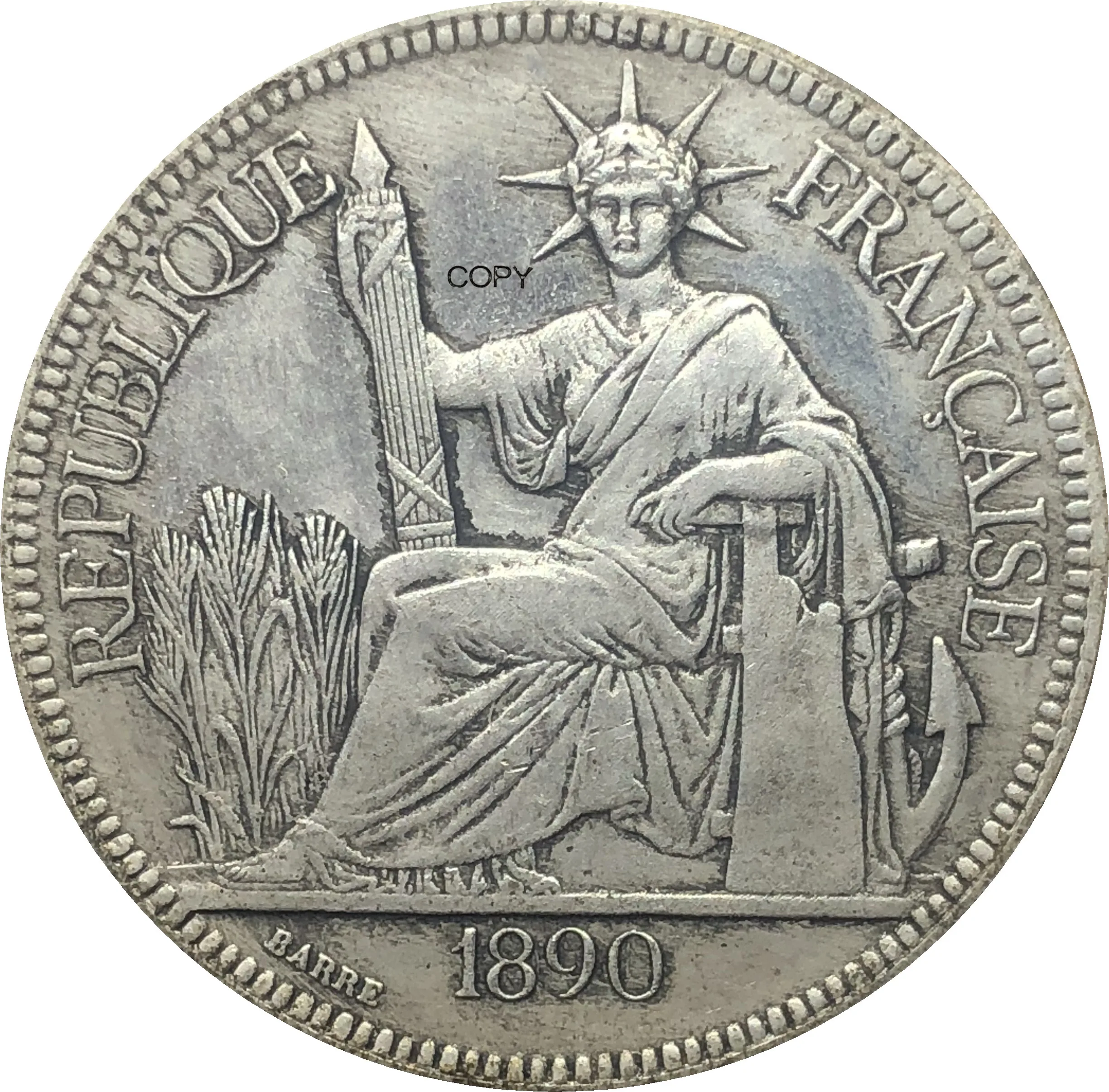French Indochina 1890 A 1 Piastre Commerce Coin REPUBLIQUE FRANCAISE Cupronickel Silver Plated Copy Coins