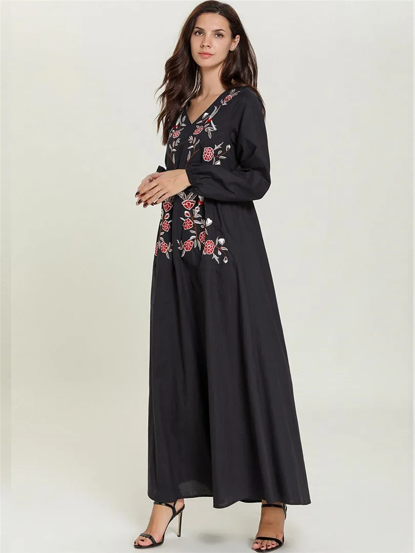 Повседневные платья размера плюс с v-образным вырезом и цветочной вышивкой, платья с длинным рукавом на талии, пакистанский кафтан, одежда для Рамадана, Турция