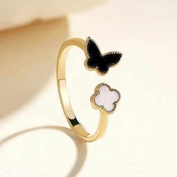 

Black Bubberfly &White Flower Adjustable Finger Wedding Rings for Women Silver Color Zircon Open Ring Glamour Jewelry Girl Gift