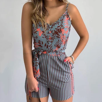 

Ladies Jumpsuit Sexy V-neck Sling Playsuit Women Fashion Printed Jumpsuit Female Slim Stripes Tie Jumpsuit Vetement Femme
