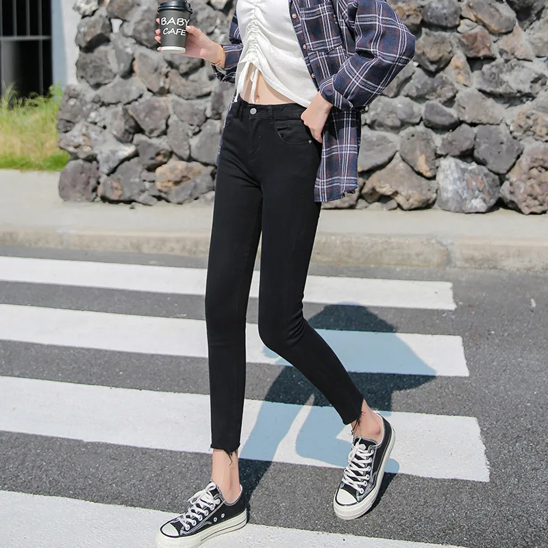 

Jeans Women's 2020 Autumn New Style Korean-style Pencil Pants Black And White with Pattern High-waisted Elasticity Tight-Fit Cap