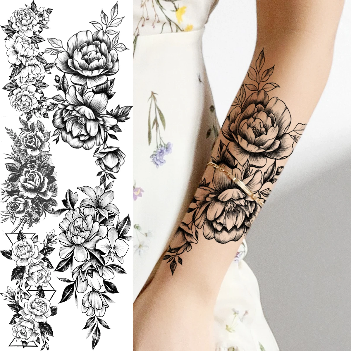

Временные татуировки 3D на предплечье для женщин, черная Роза, цветок, Геометрическая Имитация лилии, тату для взрослых, боди-арт, водонепроницаемые тату-наклейки
