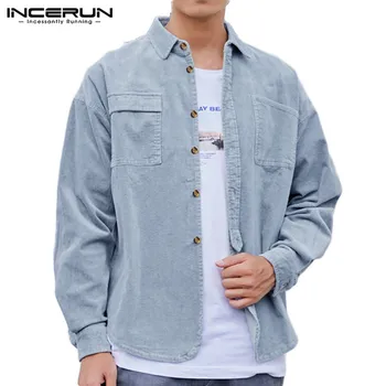 

INCERUN Men Corduroy Shirts Solid Color Long Sleeve Brand Casual Lapel Loose Fashion Basic Shirt Men Outerwear Streetwear Camisa