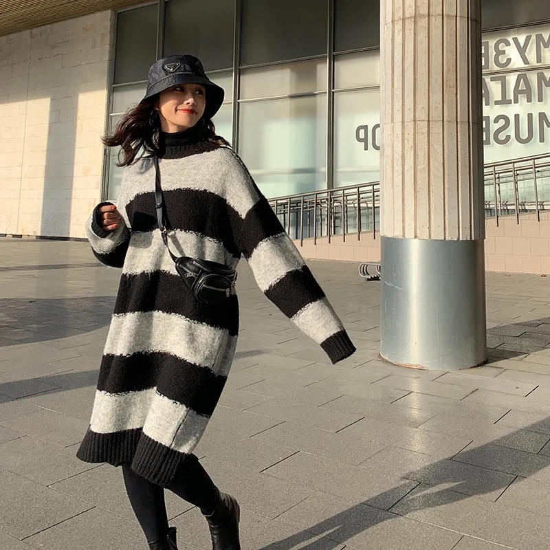 

Laziness-Style Pullover Sweater Dress Children Autumn And Winter New Style Loose-Fit Large Stripes Mid-length Crew Neck Dress
