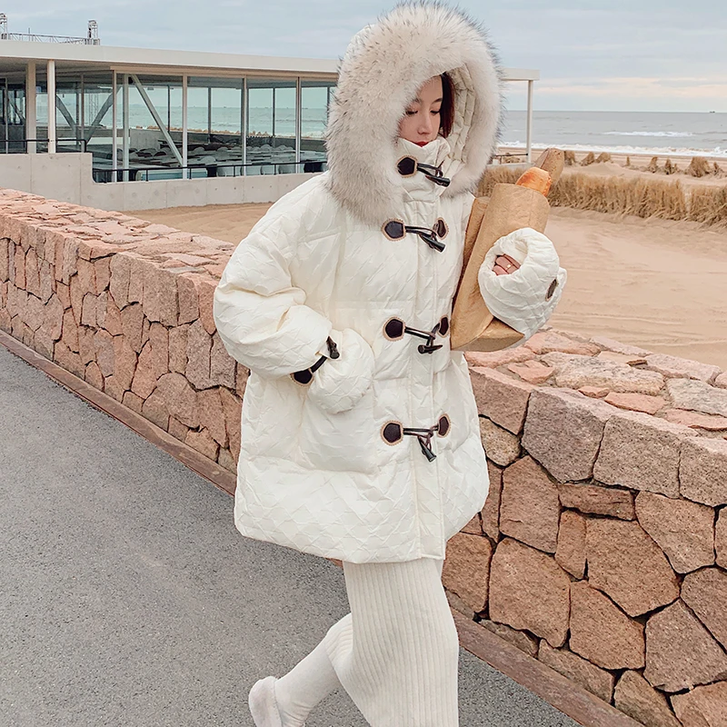

Winter Clothes Horn Button Big Fur Collar Loose Hooded Cotton Padded Jacket Coat Women Fashion Korean Thick Warm Parkas W115