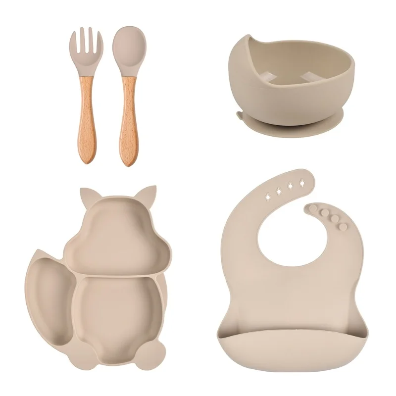 

Toddlers Safety Silicon Plate First Stage Lead-free Toddler Feeding Supplie Cute Shape Toddler Feeding Set 5PCS