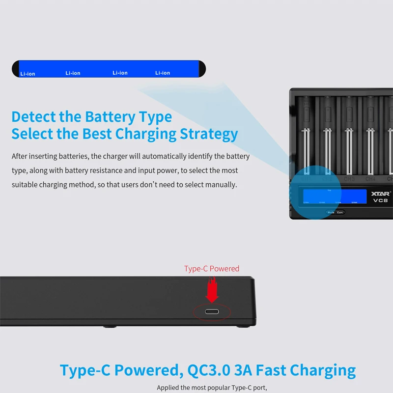 XTAR 18650 Battery Charger VC8 = VC4 + VC4SL QC3.0 Type C Fast Charger Charging LCD Display for 21700 20700 18650 Battery