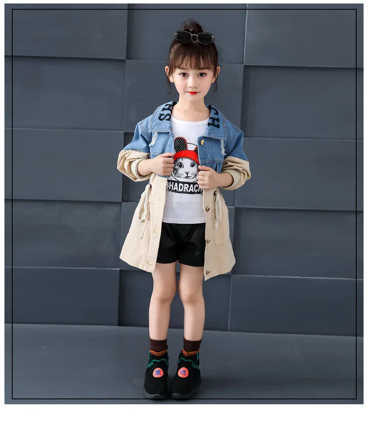 Spring Clothing Jeans Coat for Girls Denim Jackets Cartoon Children Outerwear Kid Active Autumn Clothes Teenager Long Trench Top