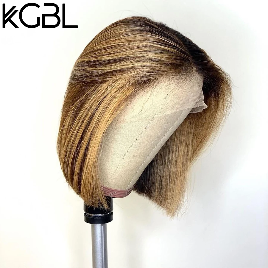KGBL короткий Боб Омбре 4/27 цвет 13*4 Кружева спереди средний коэффициент "-16" человеческие волосы парики бразильские не Реми волосы предварительно сорванные парики