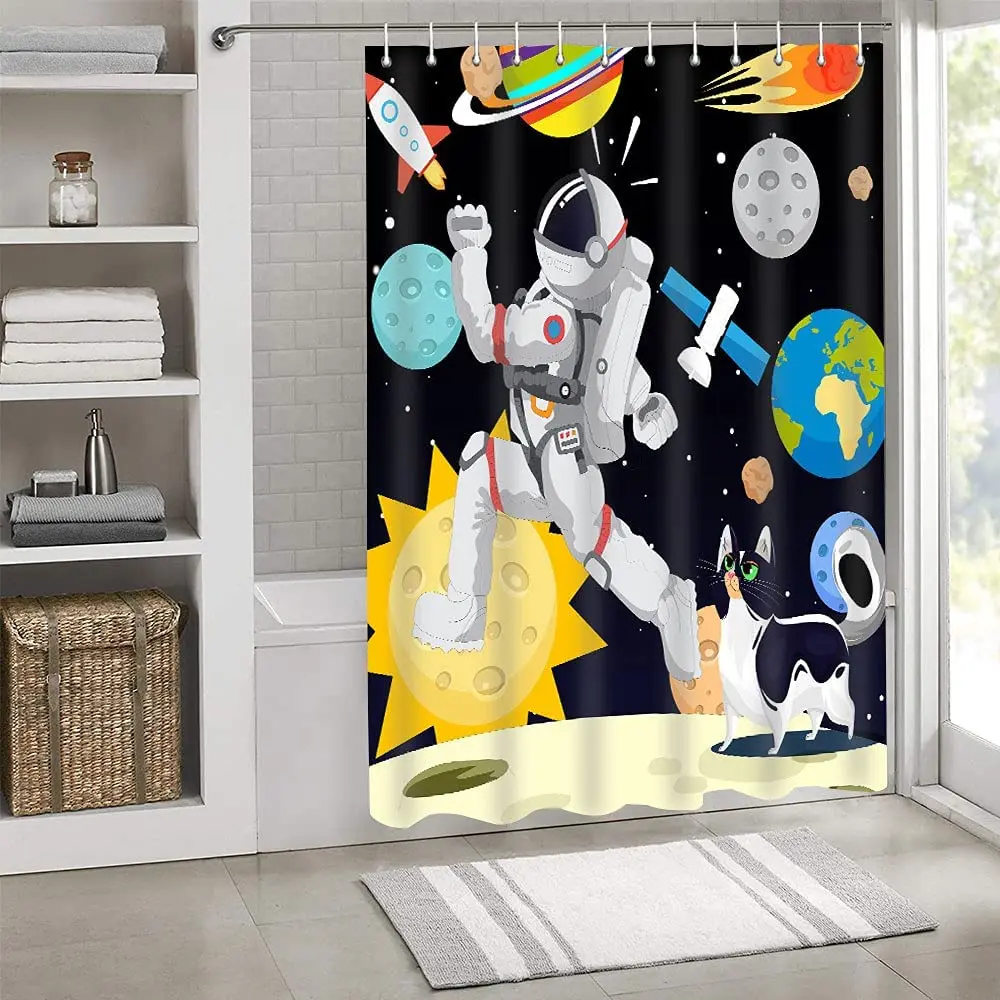 Outer Space Shower Curtain Cartoon Galaxy Astronaut and Cute Cat Animal Pattern Bathtub Screen Waterproof Bathroom Home Decor